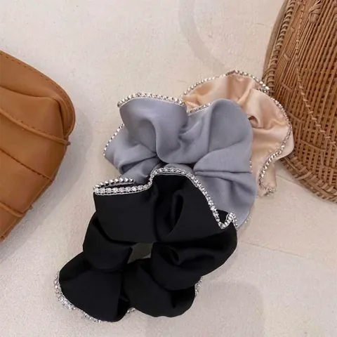 French Chic Vintage Satin Scrunchie With Rhinestone Edging For Women Korean INS Large Silk Hair Tie Elegant Decorative Scrunchies