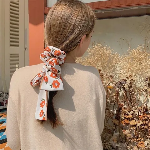 Elegante Satijnen Haarsjaal Lint voor Dames Koreaanse Stijl Zoet Bloemenpatroon Lange Hoofdband Tas Accessoire Bedrukte Haarband