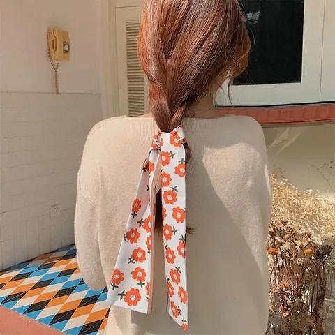 Elegante Satijnen Haarsjaal Lint voor Dames Koreaanse Stijl Zoet Bloemenpatroon Lange Hoofdband Tas Accessoire Bedrukte Haarband