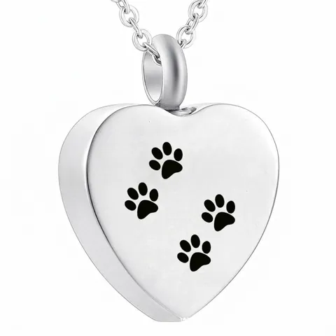 Stainless Steel Heart Pet Cremation Urn Necklace Mirror Polished Paw Print Memorial Ash Keepsake Pendant For Pet Lovers Memories
