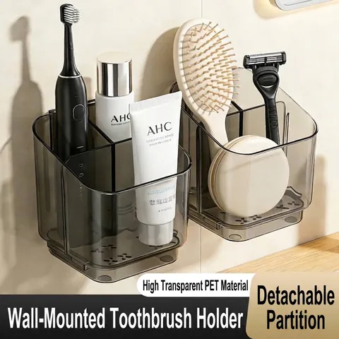 Wall Mounted Toothbrush Holder PET Plastic No Drill Bathroom Storage Rack Divided Organizer With Drain Tray Modern Vanity Shelf