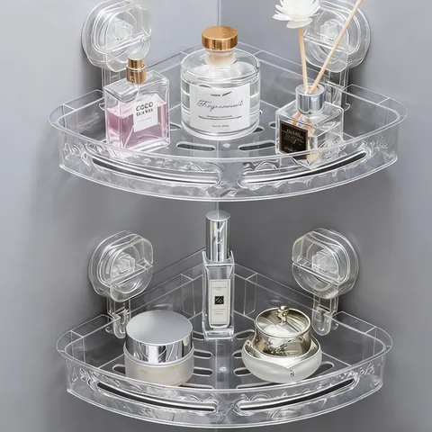 No-drill Bathroom Corner Shelf Transparent Plastic Ripple Storage Rack Suction Cup Wall Mount Shower Caddy For Toilet Washroom Home Kitchen