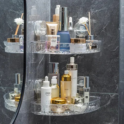No-drill Bathroom Corner Shelf Transparent Plastic Ripple Storage Rack Suction Cup Wall Mount Shower Caddy For Toilet Washroom Home Kitchen