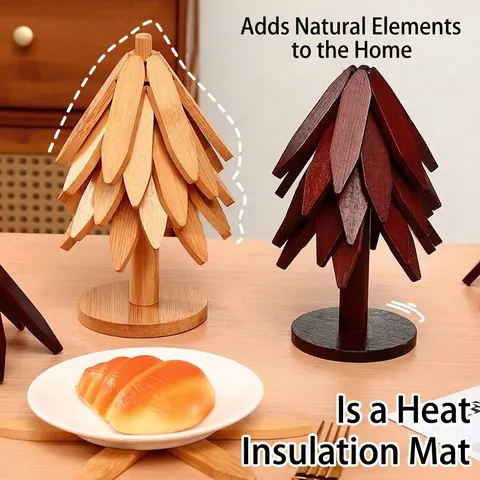 Natural Bamboo Tree Shaped Trivet Set Heat Resistant Pot Pad Non Slip Coaster Foldable Kitchen Table Decoration Ornament