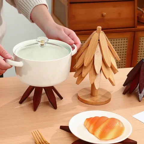 Natural Bamboo Tree Shaped Trivet Set Heat Resistant Pot Pad Non Slip Coaster Foldable Kitchen Table Decoration Ornament