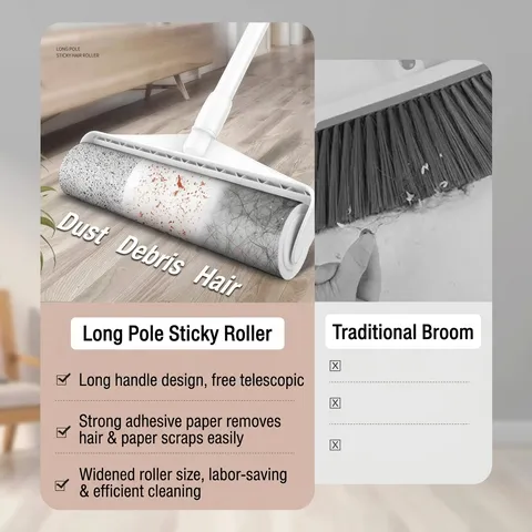 Extendable Long Handle Lint Roller Heavy Duty Sticky Dust Remover Cleaner With Replaceable Adhesive Paper Roll For Carpet Floor Pet Hair Dust Removal Home Cleaning Tool