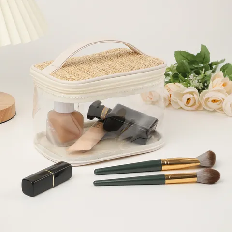 Transparent PVC Straw Woven Makeup Bag Large Capacity Portable Travel Toiletry Organizer Waterproof Wash Bag For Women