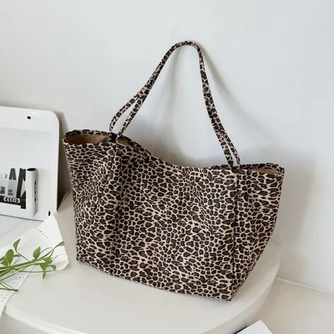 Dames Grote Capaciteit Luipaardprint Canvas Tote Tas Casual Modieuze Schoudertas Trendy Hobo Tas Reistas Strandtas
