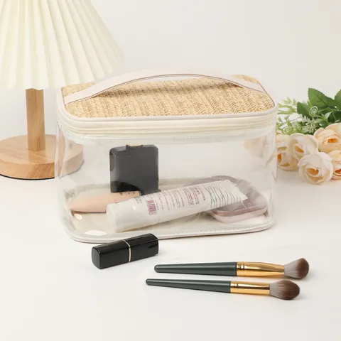 Transparent PVC Straw Woven Makeup Bag Large Capacity Portable Travel Toiletry Organizer Waterproof Wash Bag For Women
