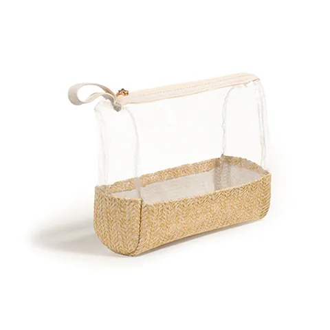 Women Transparent PVC Straw Woven Cosmetic Bag Travel Toiletry Organizer Waterproof Makeup Pouch Rainbow Stripe Bag