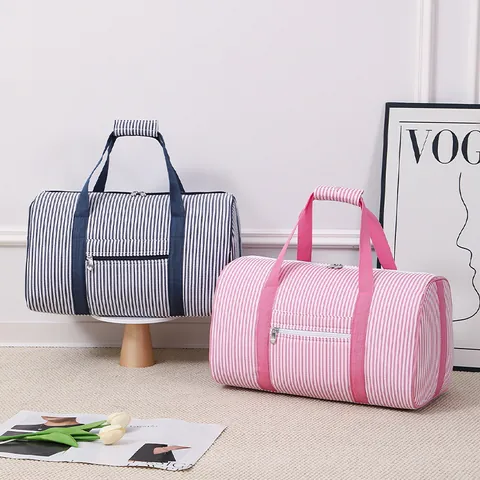 Large Capacity Seersucker Striped Travel Bag Cotton Polyester Fabric Duffle Bag For Gym Sports Trip Clothing Storage