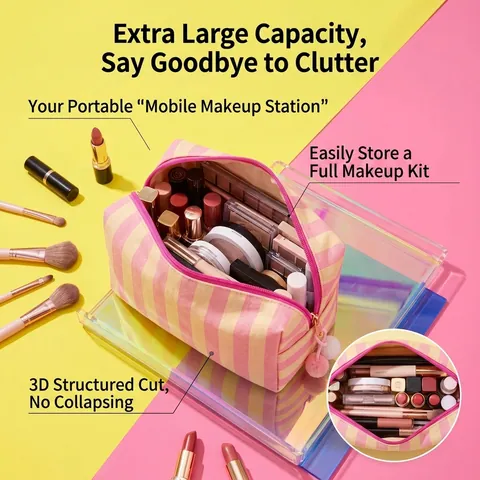 Ins Stijl Hoge Verzadiging Contrast Gestreepte Make-up Tas Verdikte Canvas Cosmetische Organizer Draagbare Toilettas Achthoekige Tas