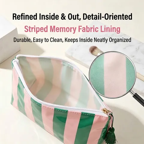 Bolsa de Maquillaje a Rayas de PVC Brillante para Mujer Organizador de Artículos de Tocador de Viaje Impermeable con Cremallera de Borla