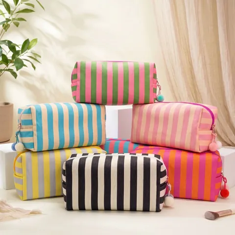 Ins Stijl Hoge Verzadiging Contrast Gestreepte Make-up Tas Verdikte Canvas Cosmetische Organizer Draagbare Toilettas Achthoekige Tas