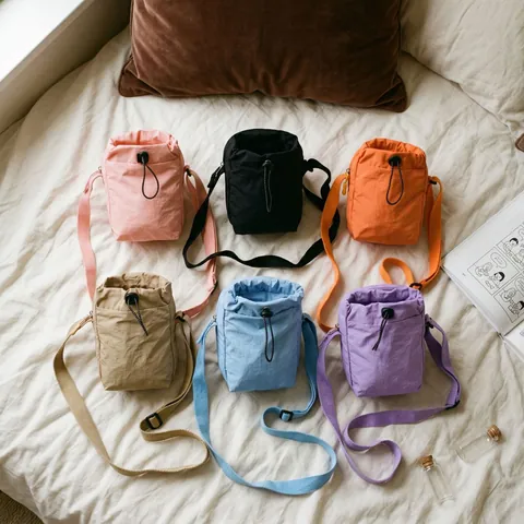 Lightweight Nylon Drawstring Crossbody Bag Portable Outdoor Sports Phone Bag Hiking Travel Water Bottle Storage Pouch Bag