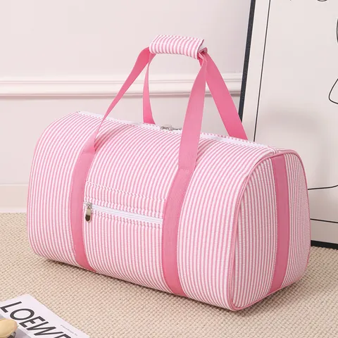 Large Capacity Seersucker Striped Travel Bag Cotton Polyester Fabric Duffle Bag For Gym Sports Trip Clothing Storage