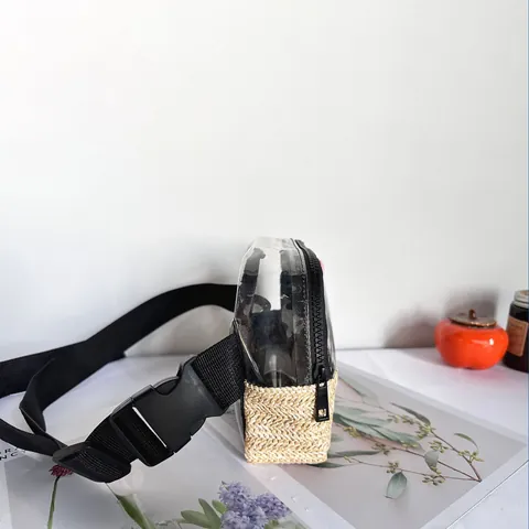Women Transparent PVC Splicing Straw Woven Waist Bag Waterproof Clear Belt Bag Fashion Outdoor Sport Travel Chest Pouch
