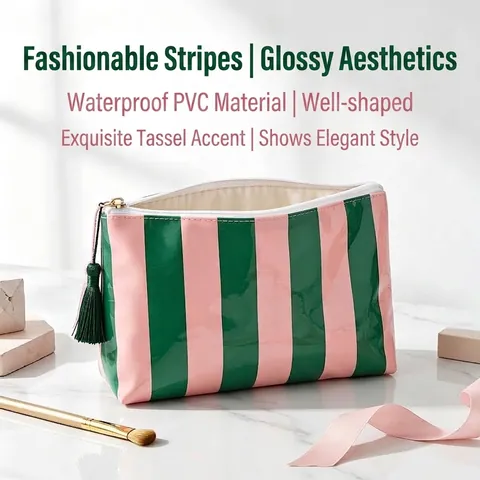 Bolsa de Maquillaje a Rayas de PVC Brillante para Mujer Organizador de Artículos de Tocador de Viaje Impermeable con Cremallera de Borla