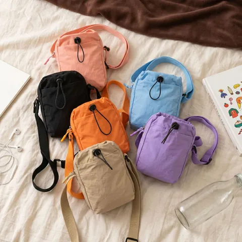 Lightweight Nylon Drawstring Crossbody Bag Portable Outdoor Sports Phone Bag Hiking Travel Water Bottle Storage Pouch Bag