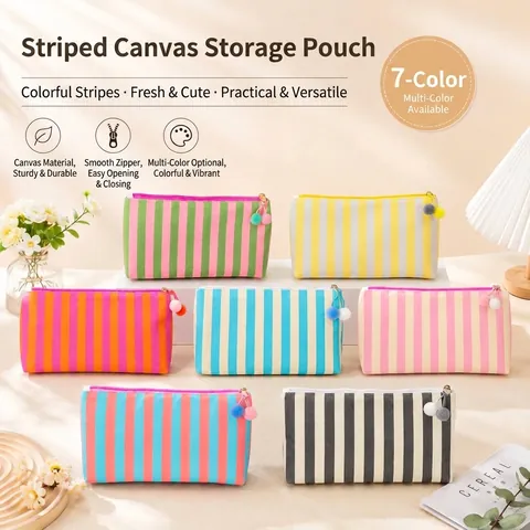 Grote Capaciteit Gestreepte Canvas Make-up Tas Draagbare Reis Toilettas Pompon Rits Cosmetische Opbergtas Voor Vrouwen