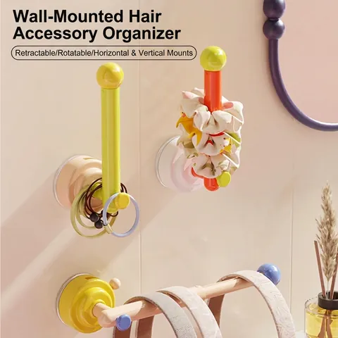 Suction Cup Rotating Retractable Hook Wall Mounted Hair Tie Headband Organizer ABS Plastic Storage Rack For Bathroom Dressing Table