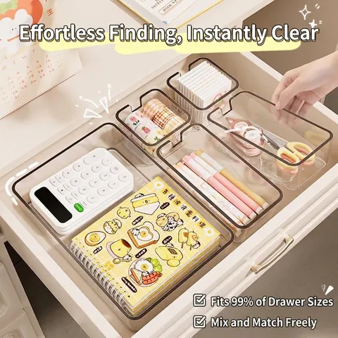 Caja Organizadora de Cajones de PET Transparente Bandeja Divisoria Apilable Para Oficina Papelería Maquillaje y Escritorio de Cocina