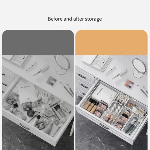 Caja Organizadora de Cajones de PET Transparente Bandeja Divisoria Apilable Para Oficina Papelería Maquillaje y Escritorio de Cocina