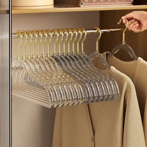 Luxury Transparent Acrylic Clothes Hanger Non Slip Wide Shoulder Seamless Hanger With Gold Silver Metal Hook For Women Clothes