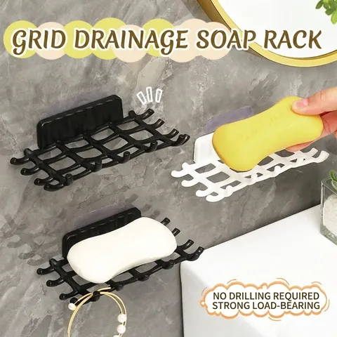 Wall Mounted Mesh Soap Dish PP Plastic Drill Free Bathroom Soap Holder Self Adhesive Storage Rack For Shower Kitchen Sink