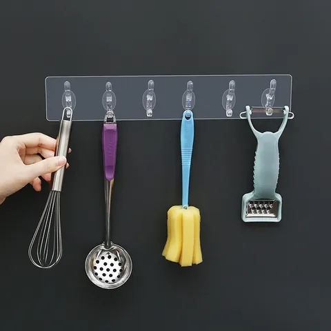 Transparent Self Adhesive Wall Multi Hook Strip Heavy Duty Punch Free No Trace Hook Row For Bathroom Kitchen Storage Organization