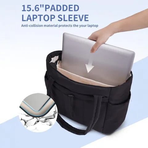 Grand Sac Fourre-tout Matelassé pour Femme Avec Compartiment Ordinateur Multi-poches Nylon Sac à Épaule Mode Décontracté Voyage