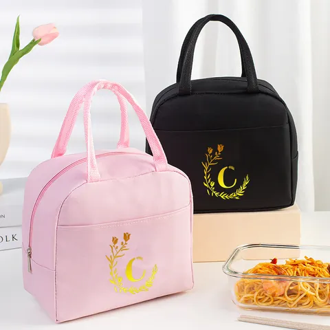 Insulated Lunch Bag Portable Oxford Cloth Thermal Bento Bag With Gold Letter Floral Print For Women Office Picnic School