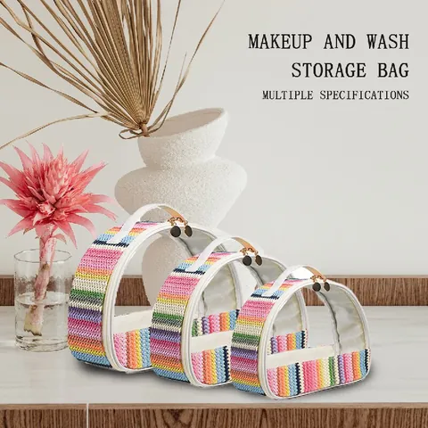 Rainbow Woven Semicircle Makeup Bag Transparent PVC Waterproof Travel Toiletry Organizer Case For Women Wash Bag