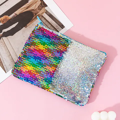 Mermaid Reversible Flip Sequin Cosmetic Bag Portable Pencil Case Waterproof Stationery Pouch Coin Purse Horizontal Square Storage Clutch Bag