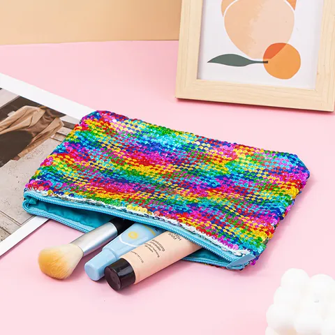 Mermaid Reversible Flip Sequin Cosmetic Bag Portable Pencil Case Waterproof Stationery Pouch Coin Purse Horizontal Square Storage Clutch Bag