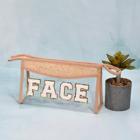 Women Transparent PVC Straw Woven Makeup Bag Rainbow Stripe Letter Embroidered Toiletry Bag Travel Cosmetic Storage Case