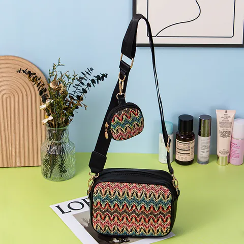 Dames Geweven Crossbodytas Set Artistieke Boheemse Stijl Veelkleurig Golfpatroon Schoudertas Met Rond Portemonneetje PP PU Leer