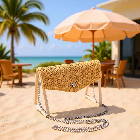 Bolso de Hombro de Paja PVC para Mujer Impermeable Cadena Bolso Bandolera Vacaciones Bolso de Cosméticos