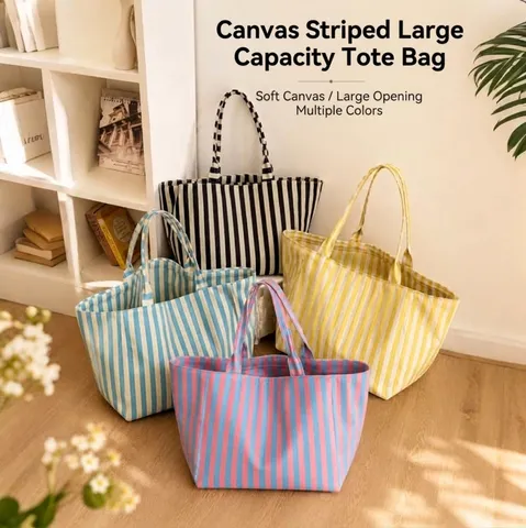 Dames Gestreepte Canvas Tote Bag Grote Capaciteit Strand Handtas Casual Schoudertas Zomer Boodschappentas Vakantie Reistas