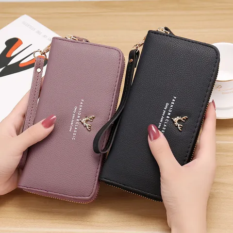 Dames Lange Litchi Graan PU Leer Portemonnee Grote Capaciteit Rits Clutch Met Hertekop Metalen Decor Multi-Kaartsleuf Retro Tas