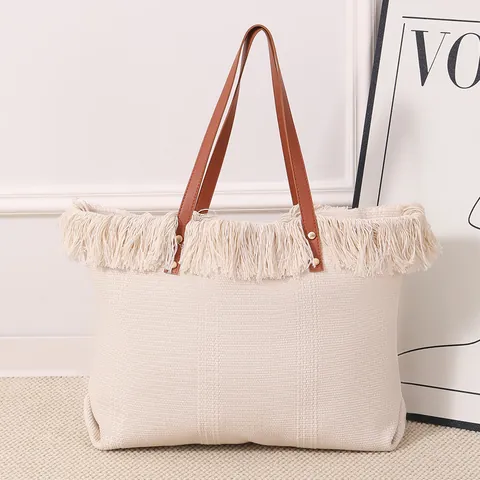 Bolso Tote con Flecos de Gran Capacidad para Mujer Bolso de Hombro de Lona Tejida con Borlas Bolso de Playa Bohemio Bolso Informal para Estudiantes