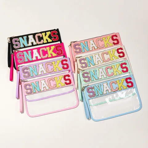 Transparent PVC Makeup Bag Colorful Chenille Letter Snacks Embroidery Waterproof Travel Toiletry Organizer Pouch For Women