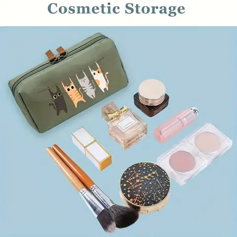 Cute Cat Printed Makeup Bag Large Capacity Waterproof Polyester Travel Cosmetic Storage Bag For Women Portable Wash Bag