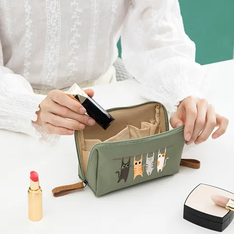 Cute Cat Printed Makeup Bag Large Capacity Waterproof Polyester Travel Cosmetic Storage Bag For Women Portable Wash Bag