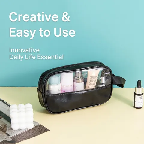 Trousse de Maquillage Portable en PVC PU Transparent Patchwork Grande Capacité Imperméable Trousse de Toilette Voyage Femme