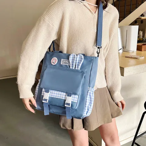 Bolso Tote de Cuadros con Orejas de Conejo Moda Coreana para Mujer Gran Capacidad Poliéster Bandouliera para Estudiantes Escuela Viaje Diario