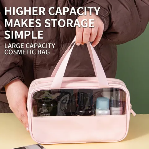Trousse de Maquillage Portable en PVC PU Transparent Patchwork Grande Capacité Imperméable Trousse de Toilette Voyage Femme