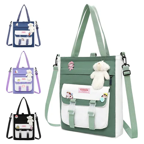 Bolsa de Tutoría de Lona Impermeable para Niños Bolso de Mano Multifunción para Estudiantes Bandolera para Niños Niñas Con Colgante de Oso