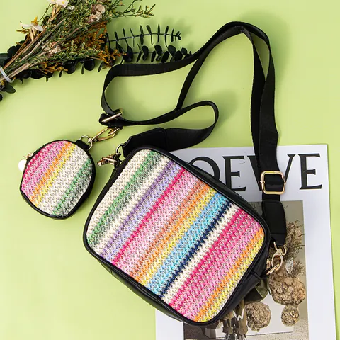 Dames Geweven Crossbodytas Set Artistieke Boheemse Stijl Veelkleurig Golfpatroon Schoudertas Met Rond Portemonneetje PP PU Leer
