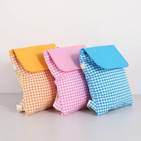 Women Fresh Checkered Cotton Drawstring Backpack Casual Gingham Storage Bag Lightweight Portable Travel School Daypack For Students
